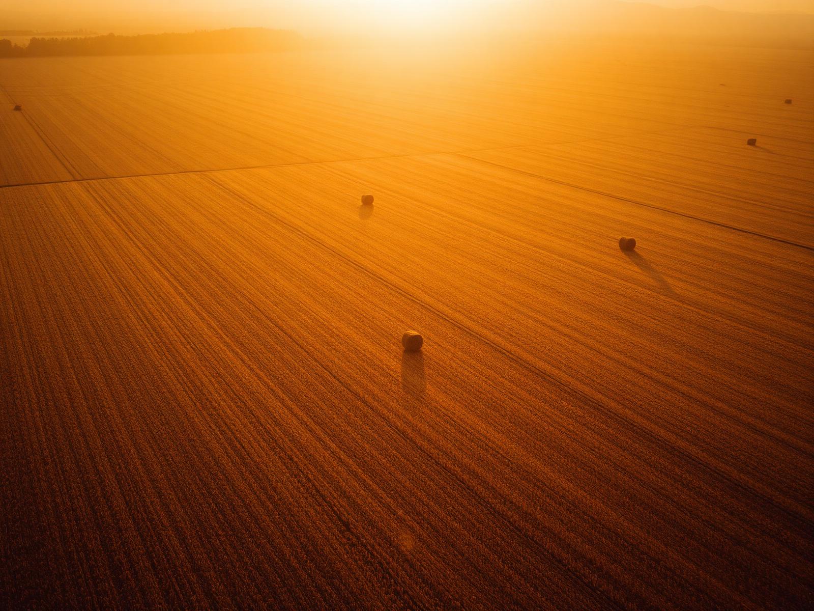 Baled hay stacked in a harvested field at the end of the day